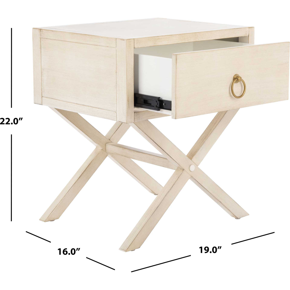 Petite antique white nightstand measures 19 inches wide, 16 inches deep, and 22 inches high.