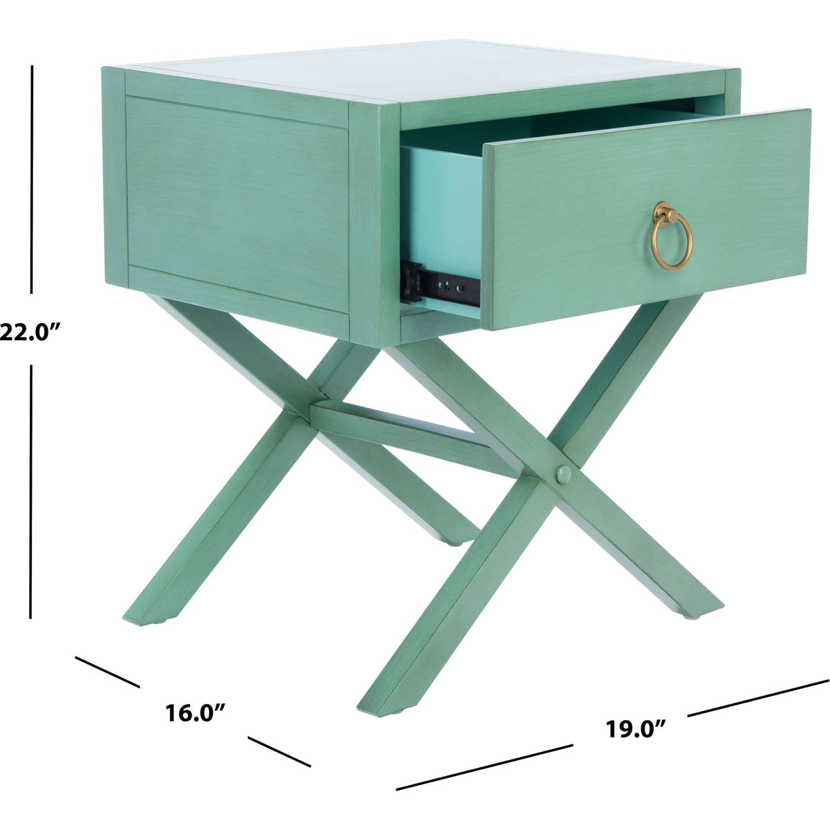 Turquoise nightstand measures 19 inches wide, 16 inches deep, and 22 inches high.
