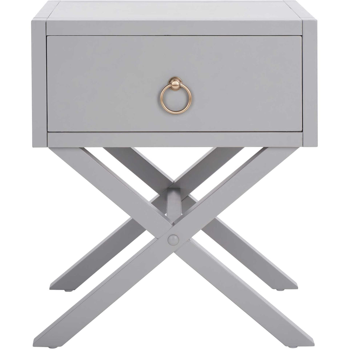 Gray nightstand adds bedside storage with a single drawer, gold-tone ring pull, and crossed legs. || NST9200D || front_studio