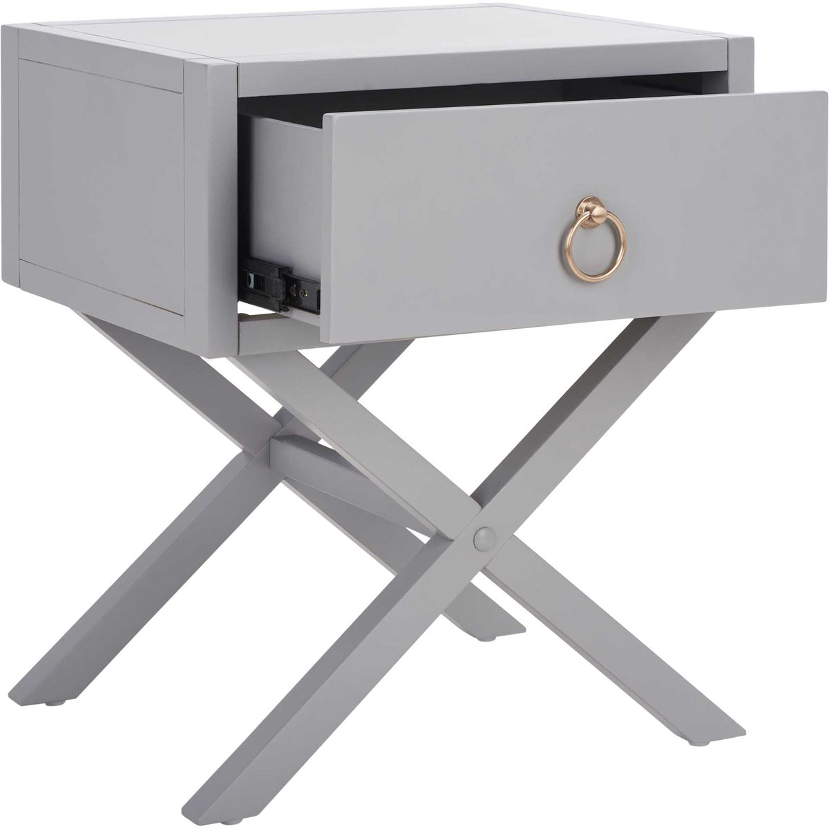 The gray drawer slides out to reveal handy storage above the crossed-leg base.