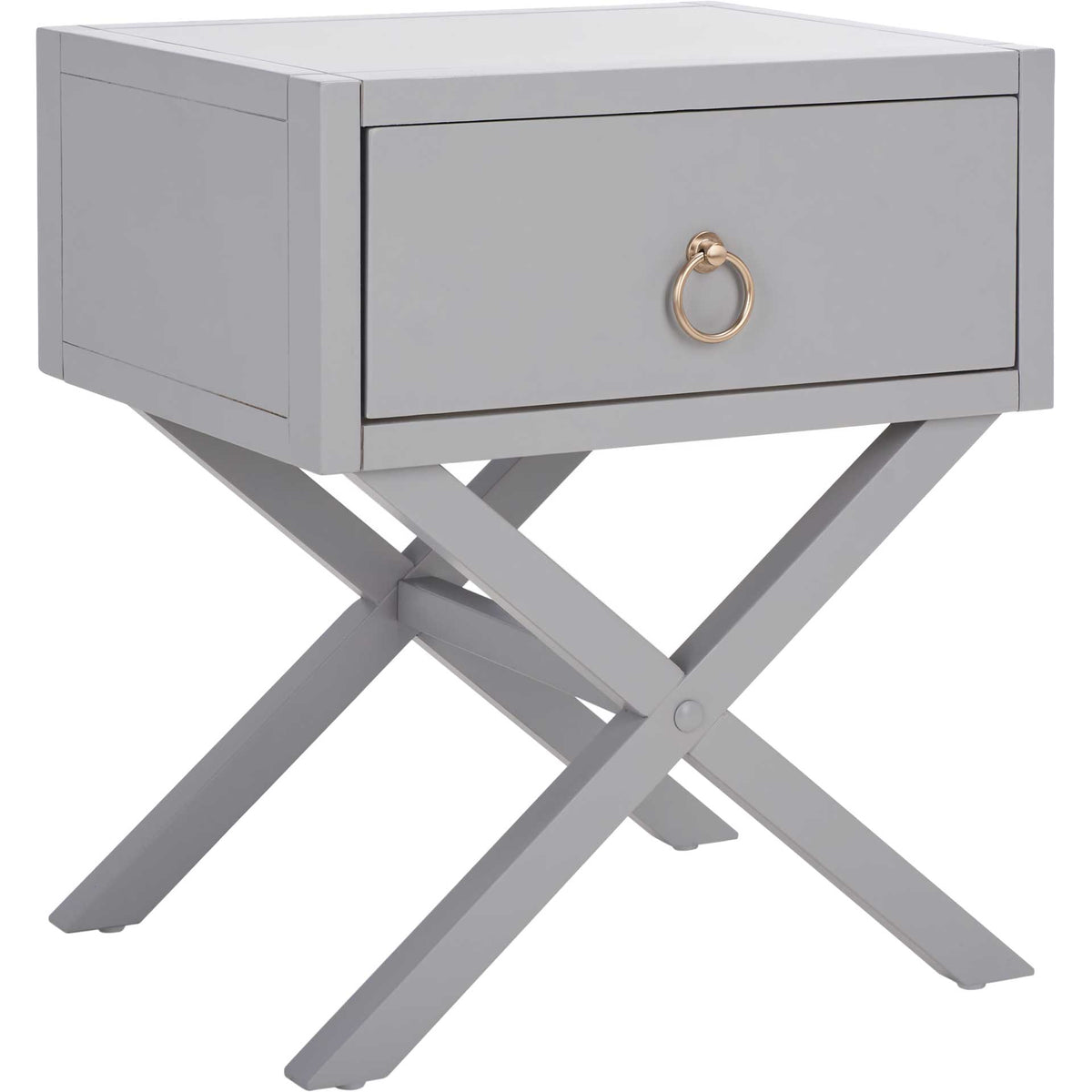 A smooth gray cabinet, gold-tone ring pull, and crossed legs create a streamlined nightstand. || NST9200D || front_angle_studio
