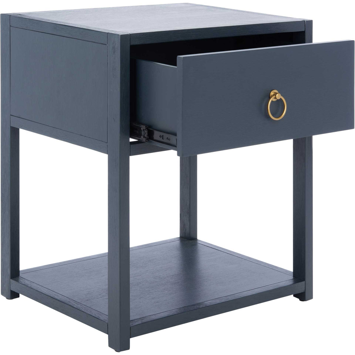 The navy drawer extends above a roomy lower shelf, with a gold-tone ring pull for easy access.