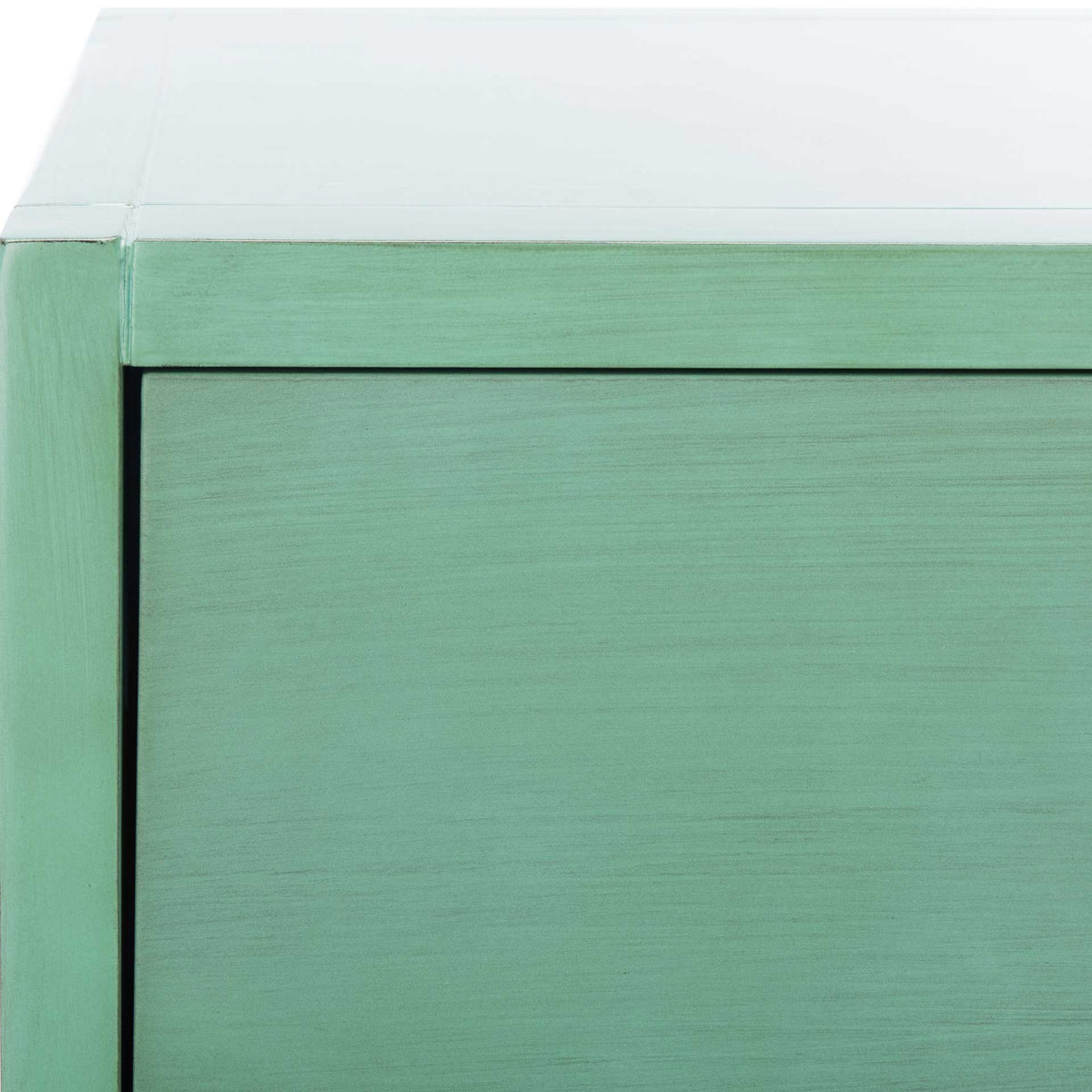 Softly textured turquoise finish gives the top edge and inset drawer front subtle depth.