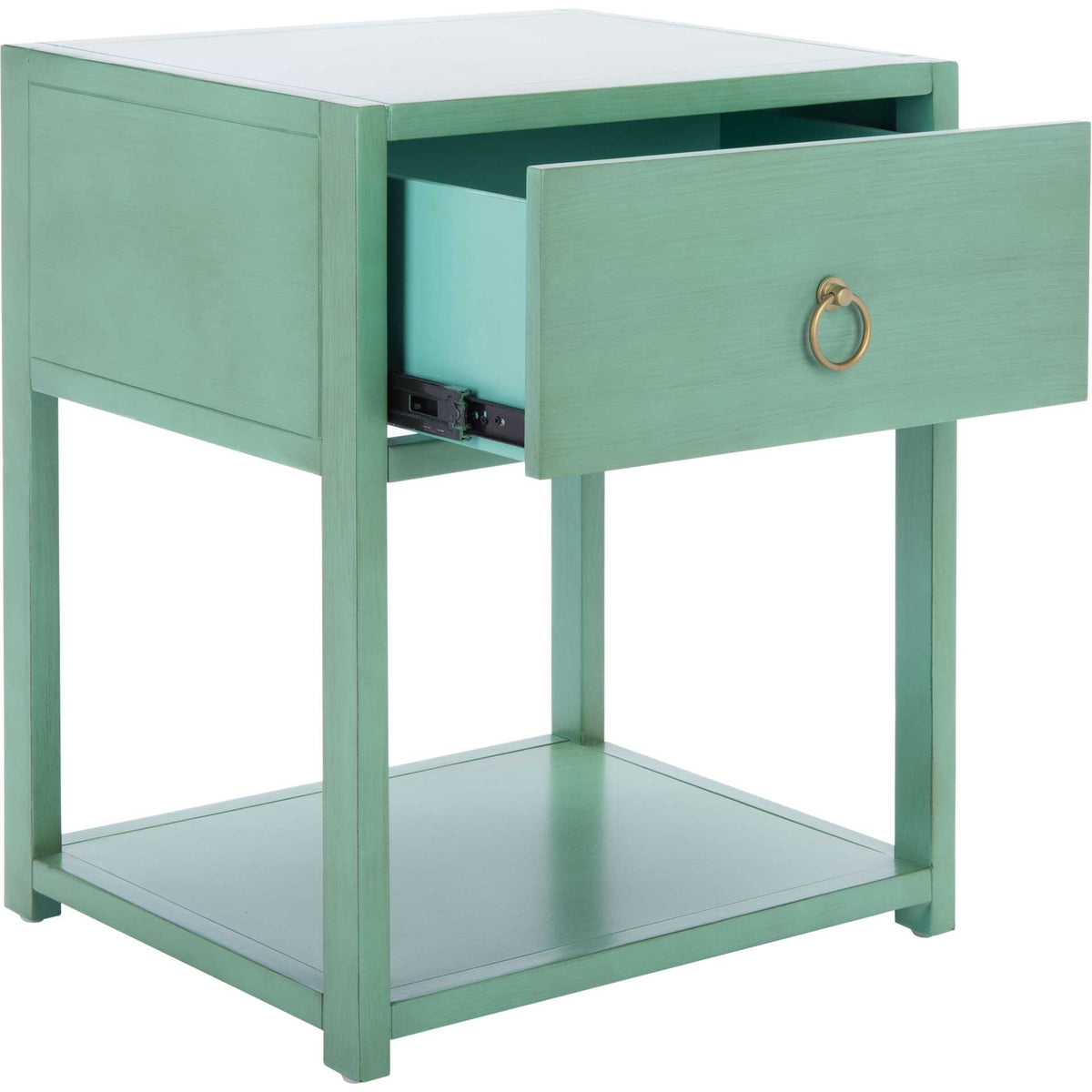 The turquoise drawer opens above a generous bottom shelf, with a gold ring pull for easy access.