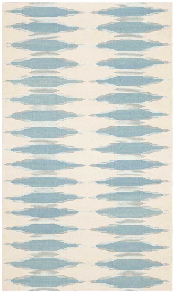 Handwoven ivory wool rug with closely spaced blue brushstroke motifs for a calm, rhythmic look. || NVK179A-8 || top_studio