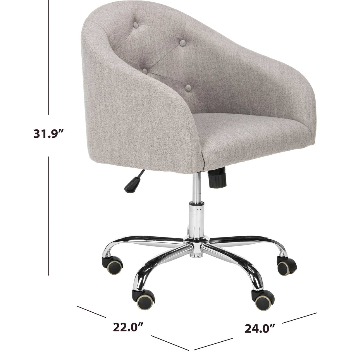 Tufted gray linen swivel chair with a chrome caster base measures 22 by 24 by 31.9 inches