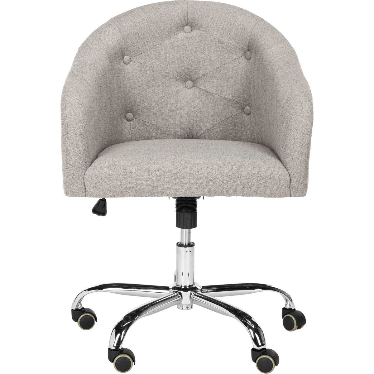 A curved, button-tufted gray linen chair rests on a polished chrome five-spoke caster base || OCH4500A || front_studio