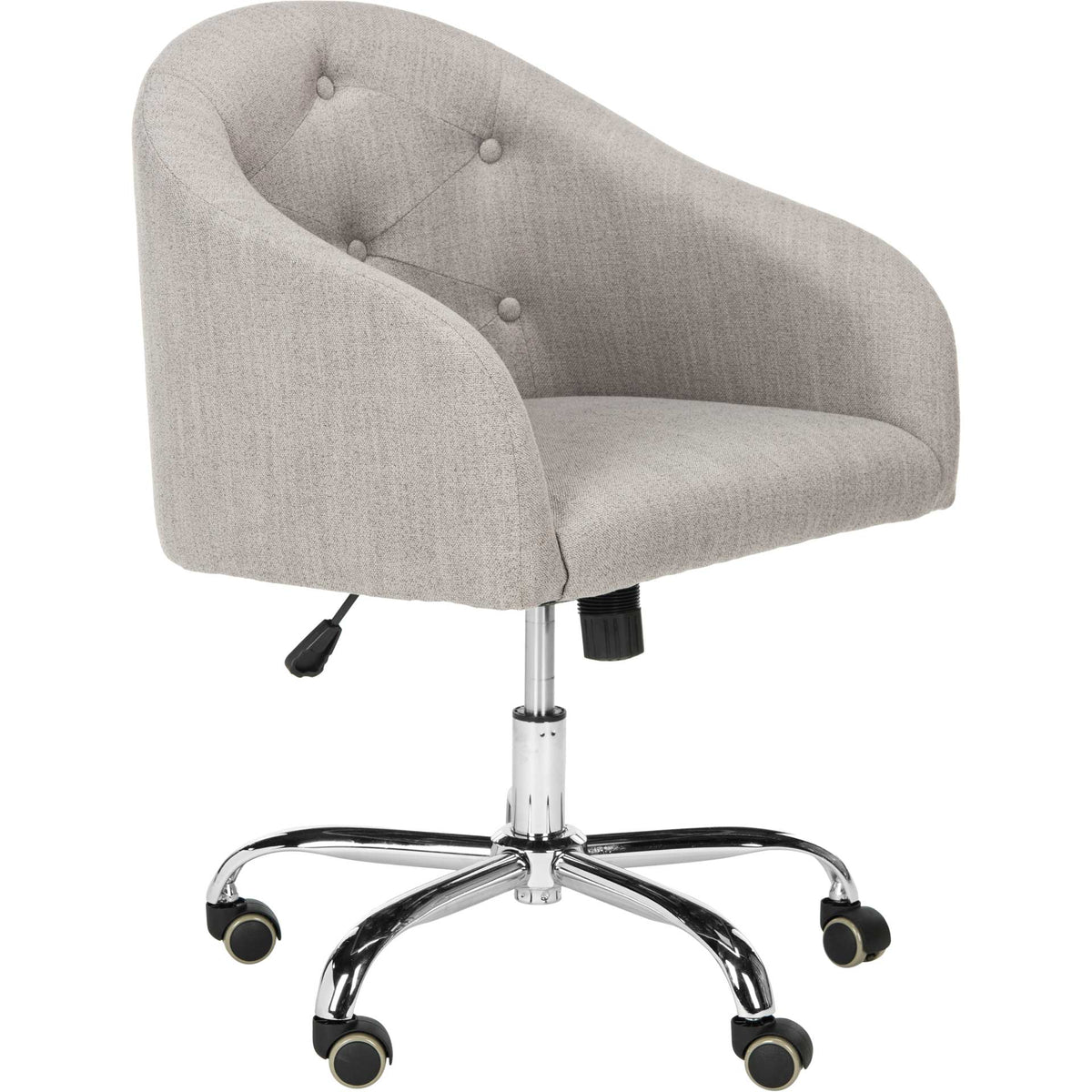 Gray linen swivel chair pairs a tufted wraparound back with chrome legs and rolling casters || OCH4500A || front_angle_studio