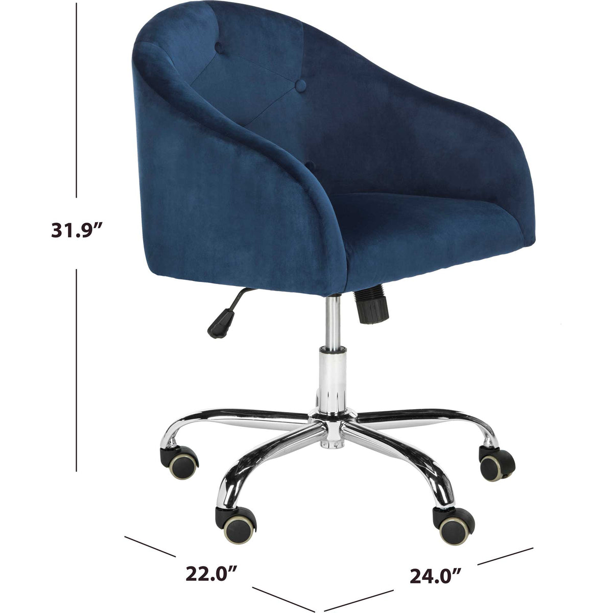 Tufted navy velvet swivel chair with a chrome caster base measures 22 by 24 by 31.9 inches