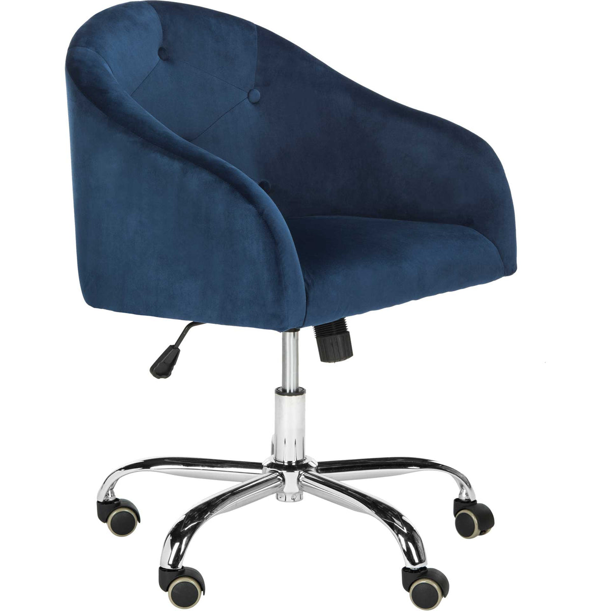 Navy velvet swivel chair pairs a tufted wraparound back with a gleaming chrome caster base || OCH4500B || front_angle_studio