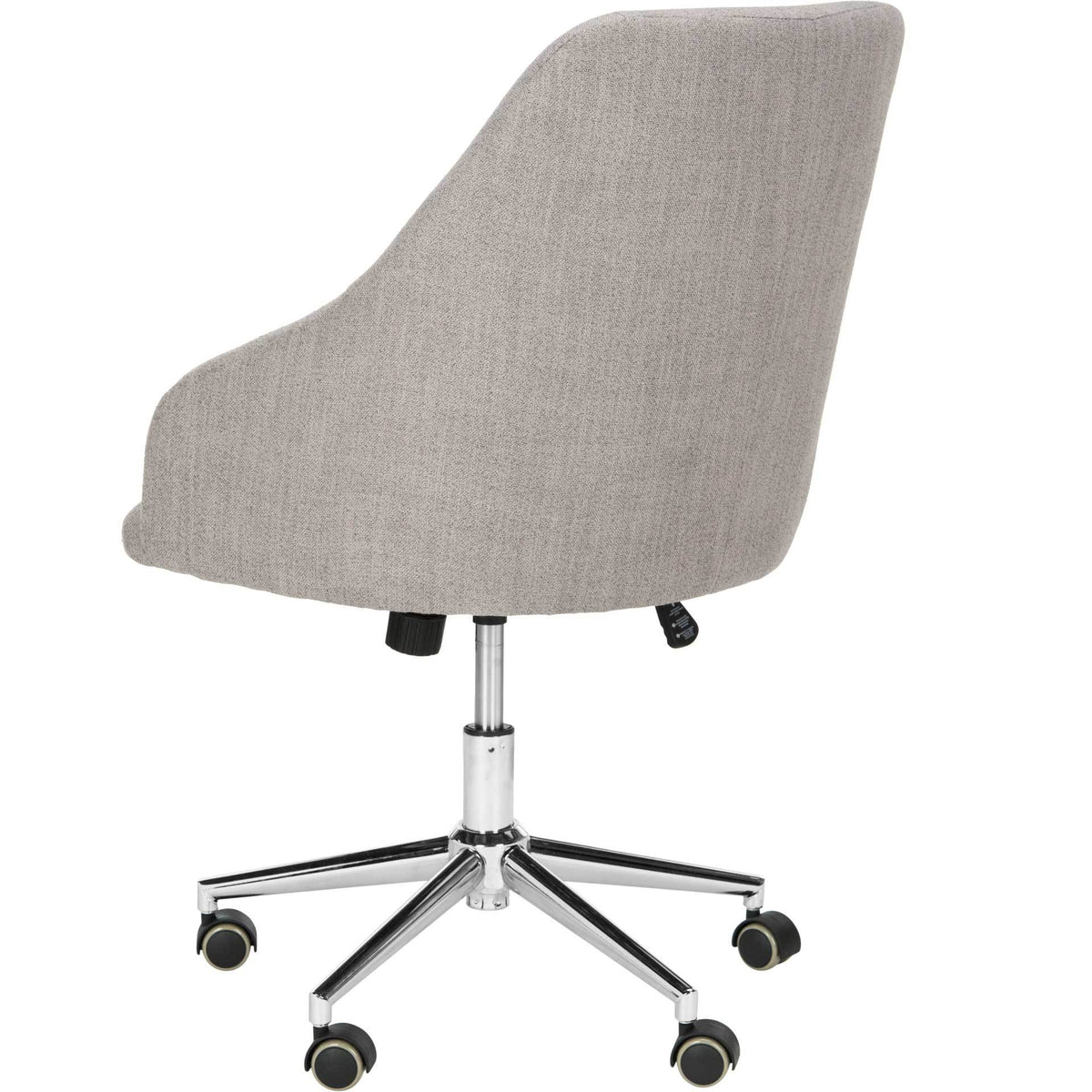 Gray linen follows the chair's sweeping back and rounded seat above rolling chrome legs