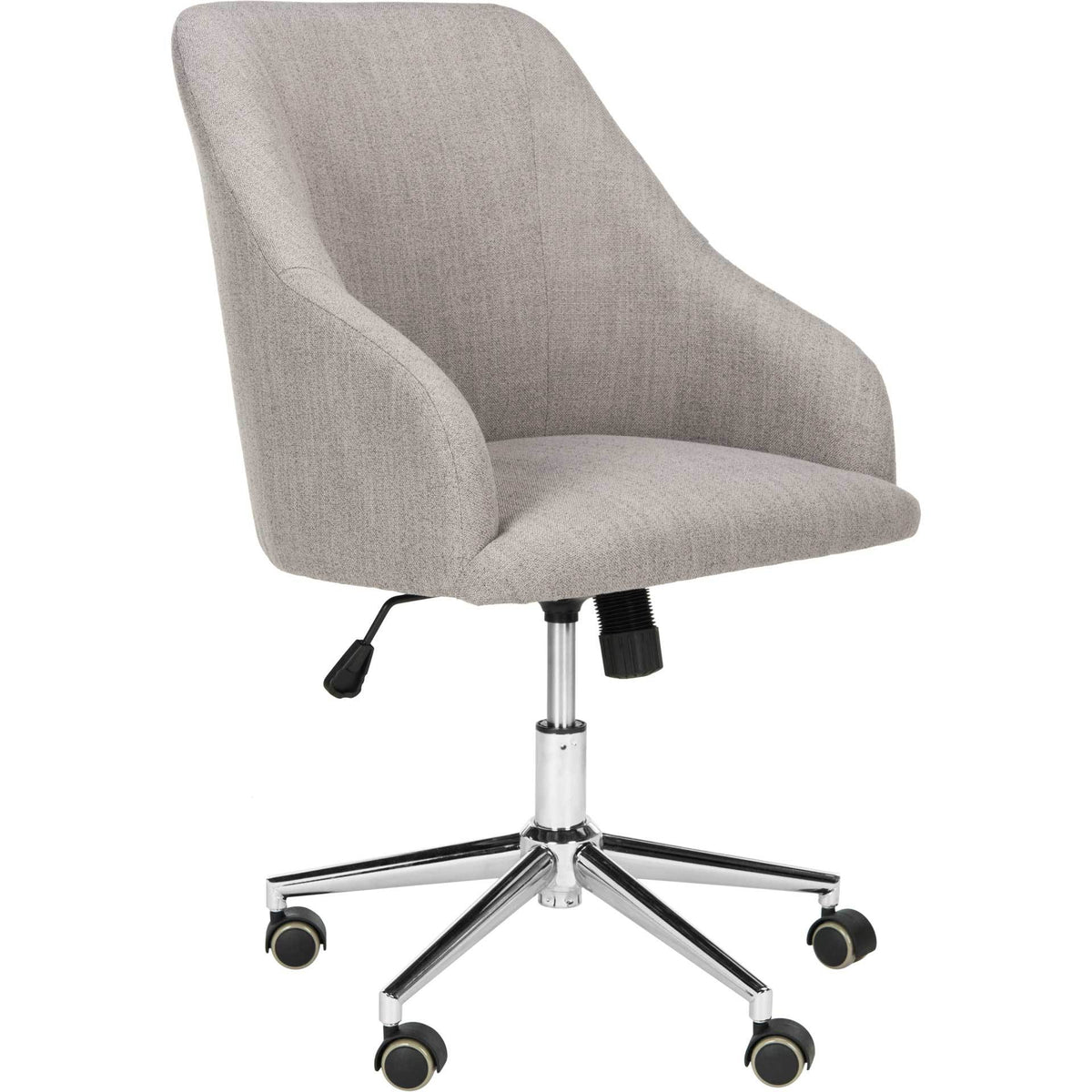 Gray linen upholstery and curved arms surround a padded seat above a rolling chrome base || OCH4501A || front_angle_studio