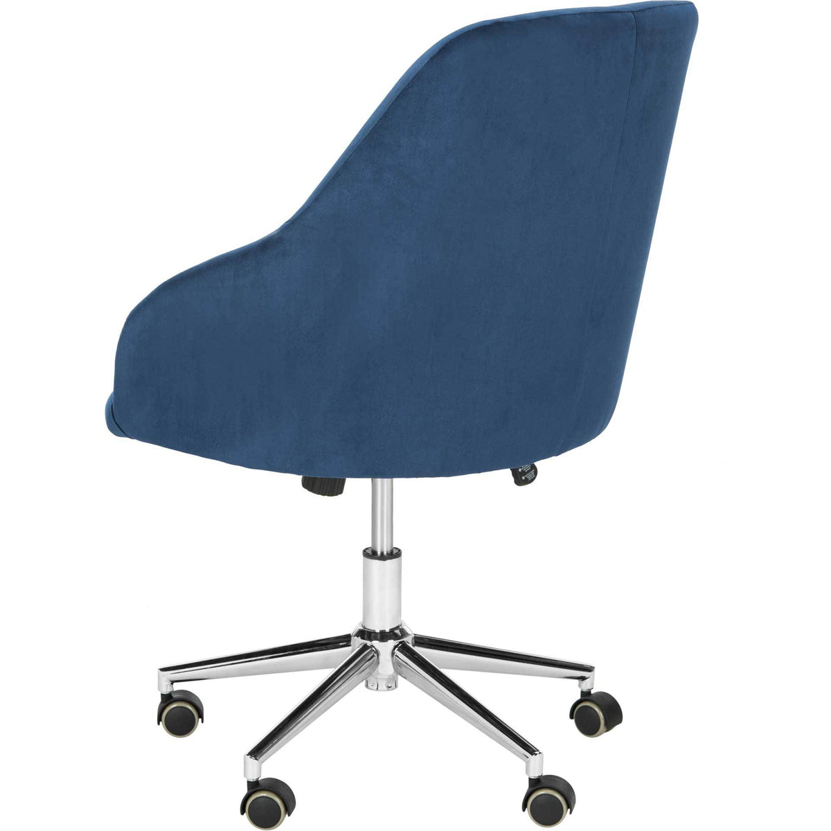 Navy velvet covers the chair's sweeping back and rounded seat above a chrome base