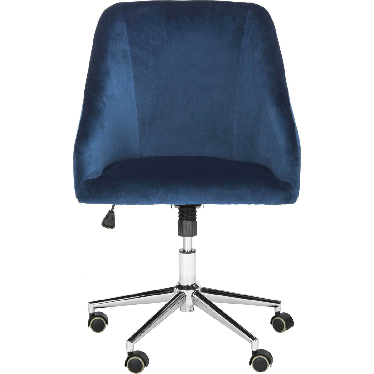 A plush navy velvet seat nestles within curved arms above a five-spoke chrome base || OCH4501B || front_studio