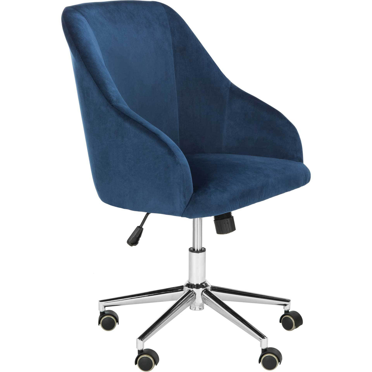 Deep navy velvet and rounded arms frame a cushioned seat on a rolling chrome base || OCH4501B || front_angle_studio