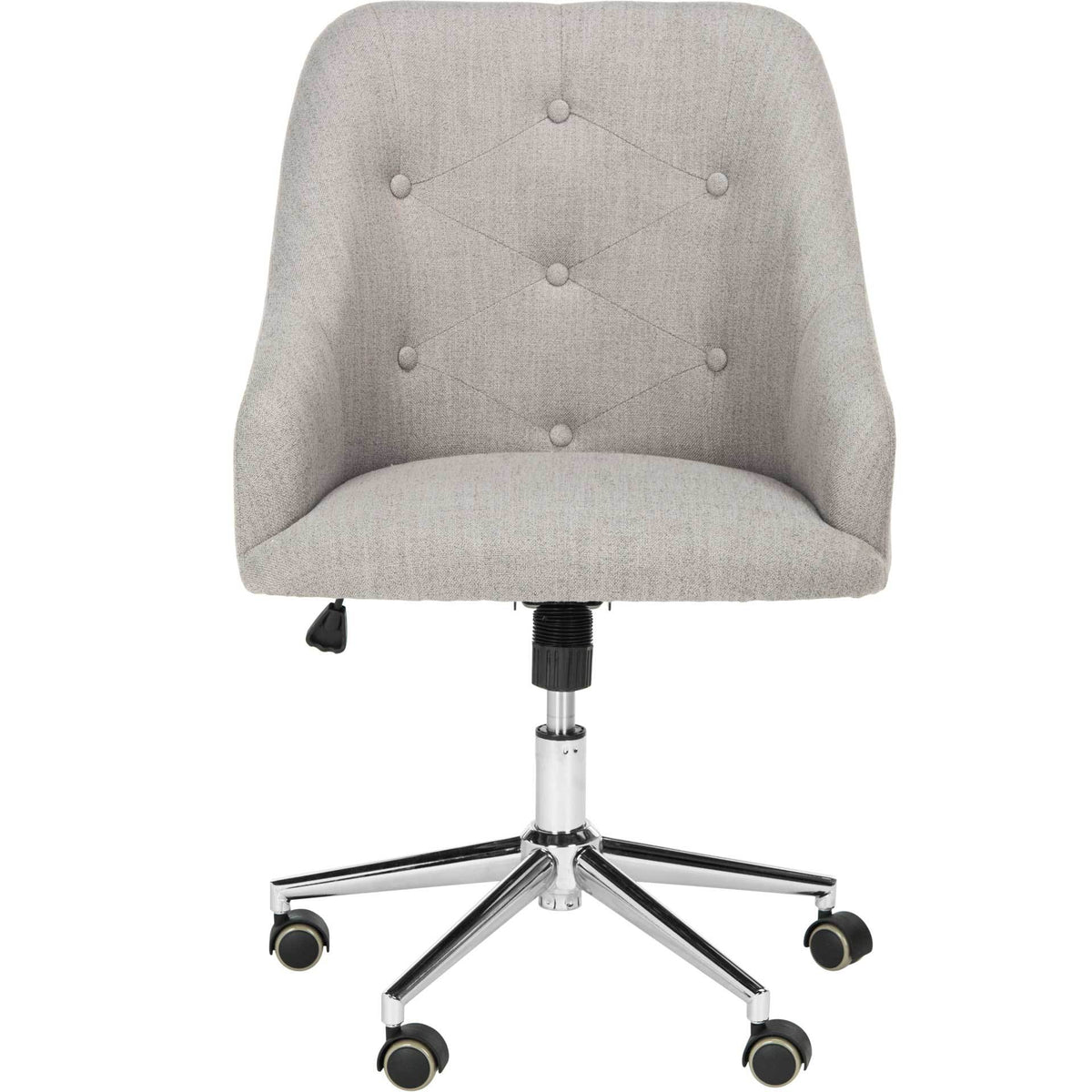 Soft gray linen, button tufting and curved arms bring comfort to this chrome-base office chair || OCH4502A || front_studio