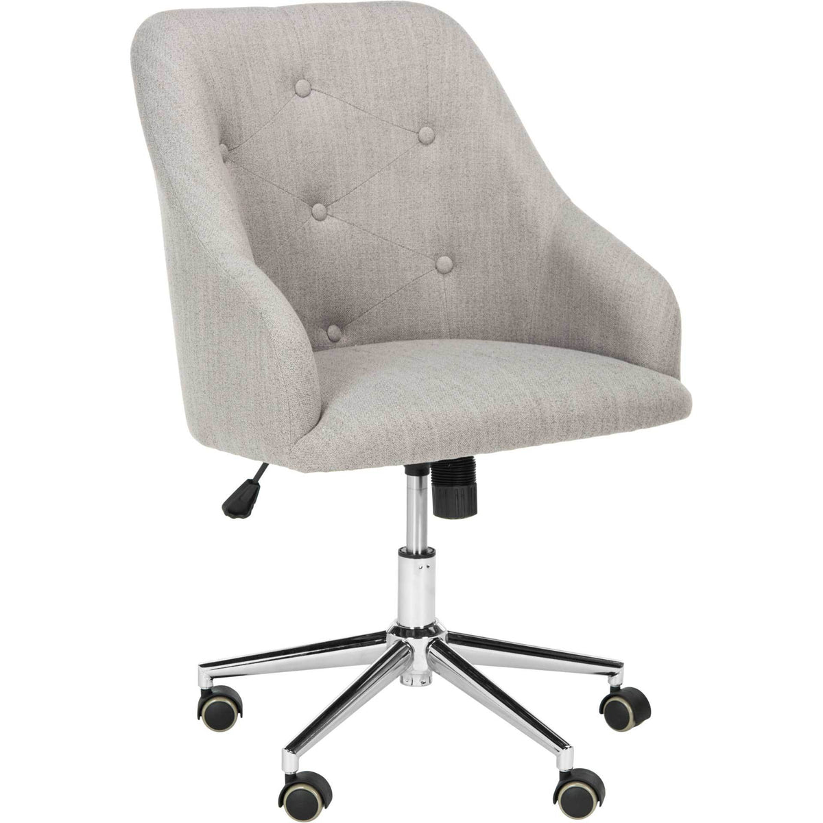 Tufted gray linen upholstery and a cushioned seat pair with a chrome swivel base on rolling casters || OCH4502A || front_angle_studio
