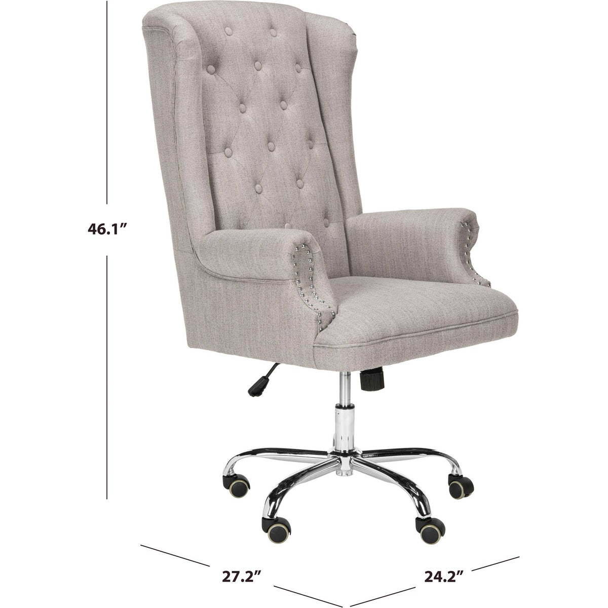 A high, button-tufted wingback and chrome rolling base create a striking chair that stands 46.1 inches tall