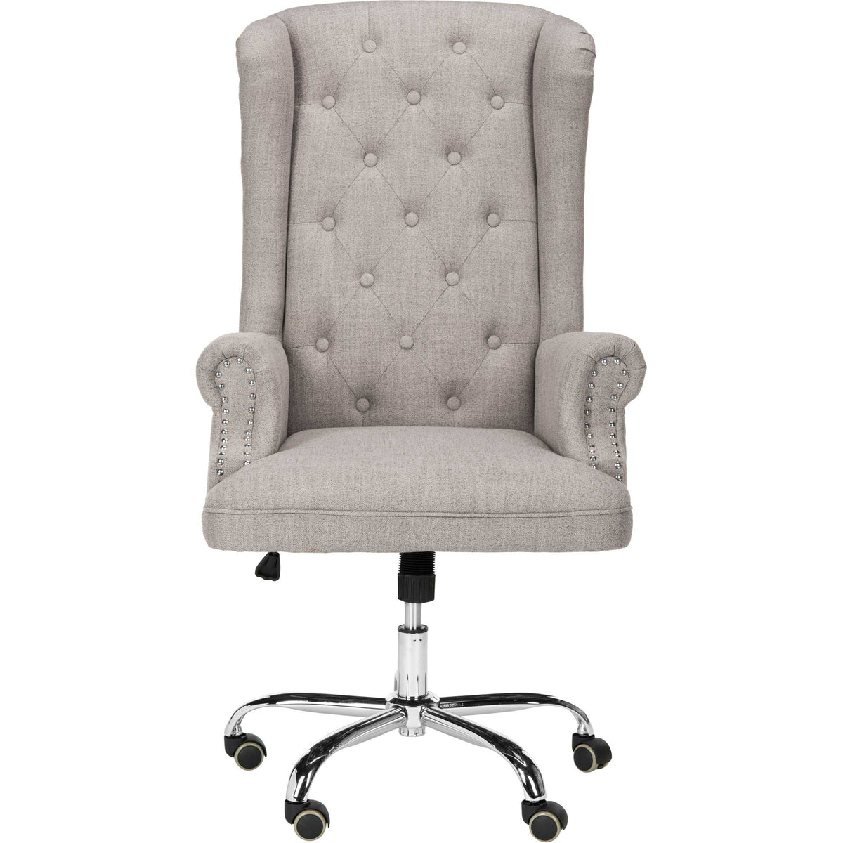 A tall, button-tufted gray wingback and rolled arms lend this swivel office chair classic appeal || OCH4504A || front_studio