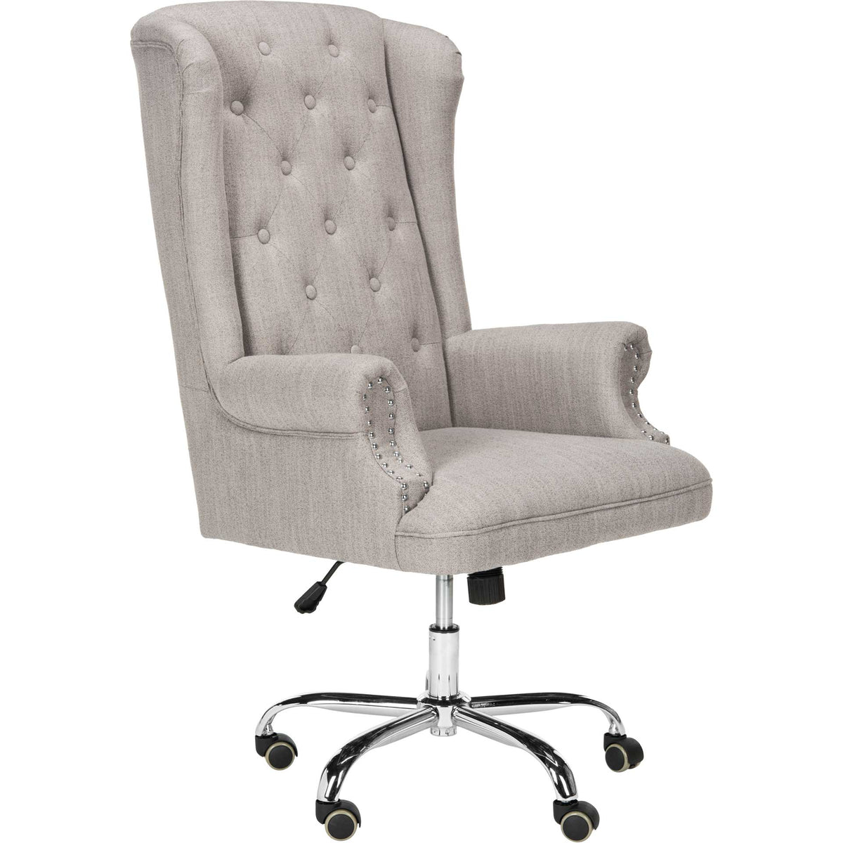 Gray linen swivel chair features a tufted wingback, nailhead-trimmed arms, and a wheeled chrome base || OCH4504A || front_angle_studio