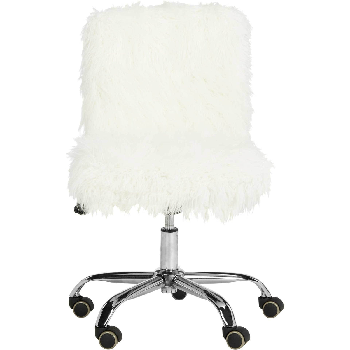 Fluffy white faux sheepskin adds cozy texture to an armless office chair with chrome caster wheels. || OCH4505A || front_studio