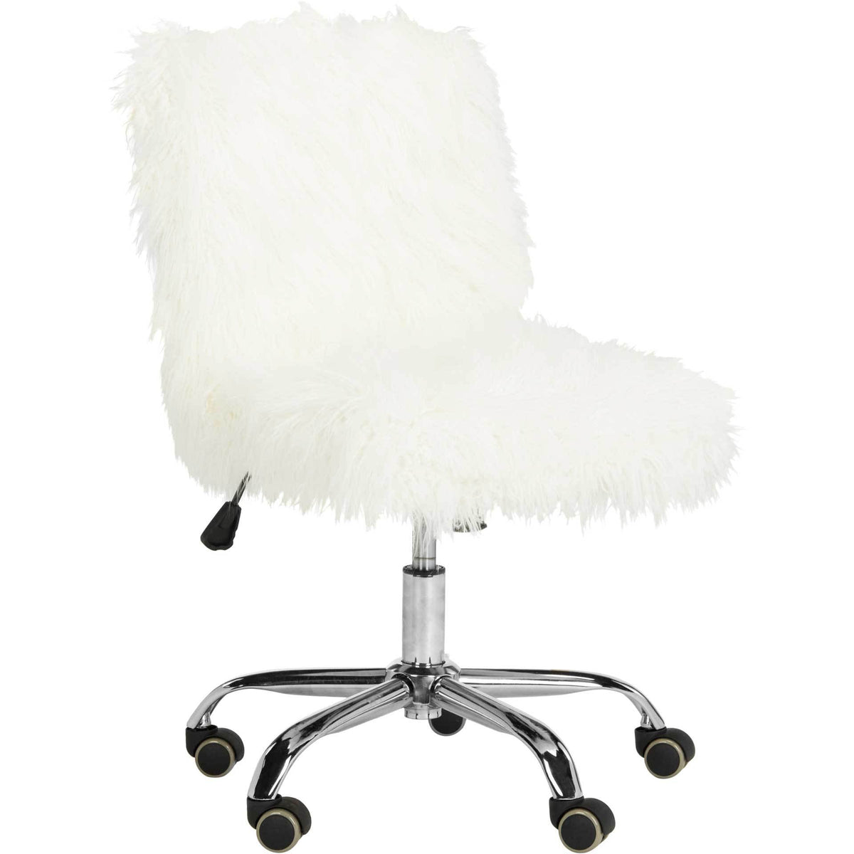 A plush white faux sheepskin seat and tall backrest pair with a polished chrome swivel base. || OCH4505A || front_angle_studio