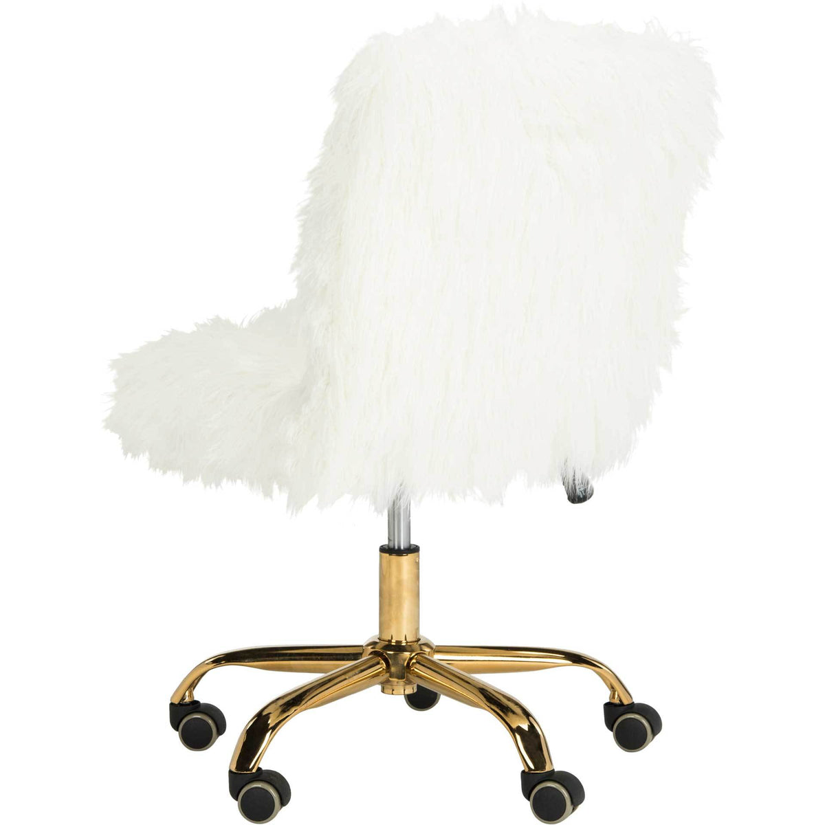 A full white faux sheepskin backrest meets a lustrous gold-tone base with smooth-rolling casters.