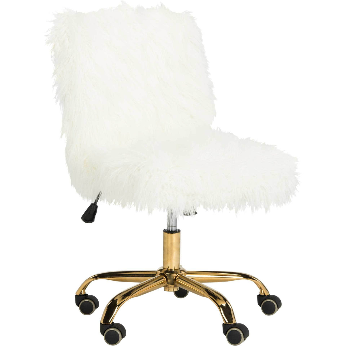 A fluffy white seat and tall backrest contrast with a polished gold-tone swivel base. || OCH4505B || front_angle_studio
