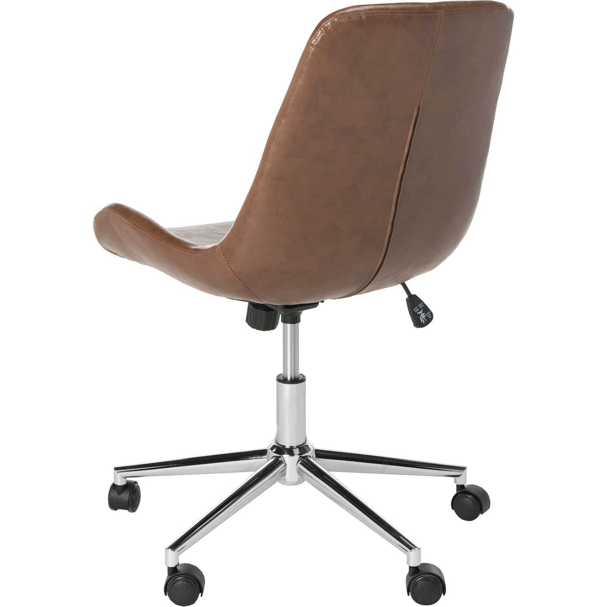 Stitched brown faux leather wraps the curved backrest above a chrome-finished five-spoke base