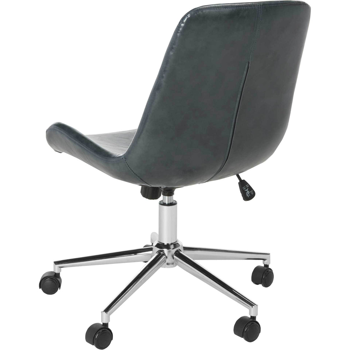 Dark gray faux leather sweeps around the backrest, with stitched paneling and a gleaming rolling base