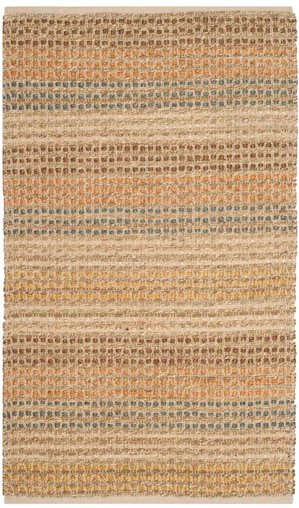 Rust, blue and honey-colored stripes add inviting depth to the textured jute rug.