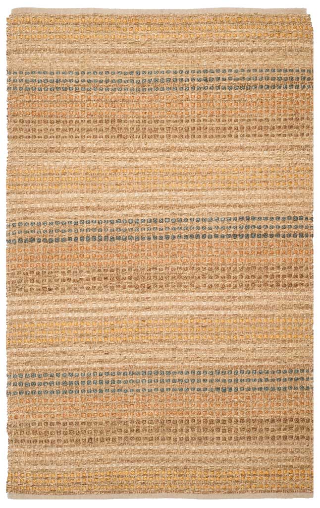 Soft blue and sunlit gold accents bring color to the natural jute weave.