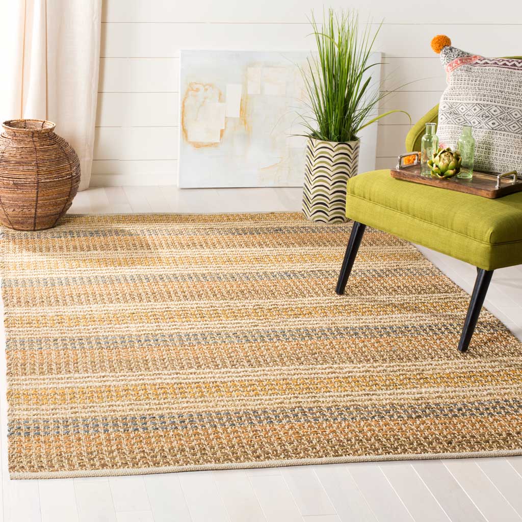 Muted blue and golden stripes warm the living area with natural jute texture.