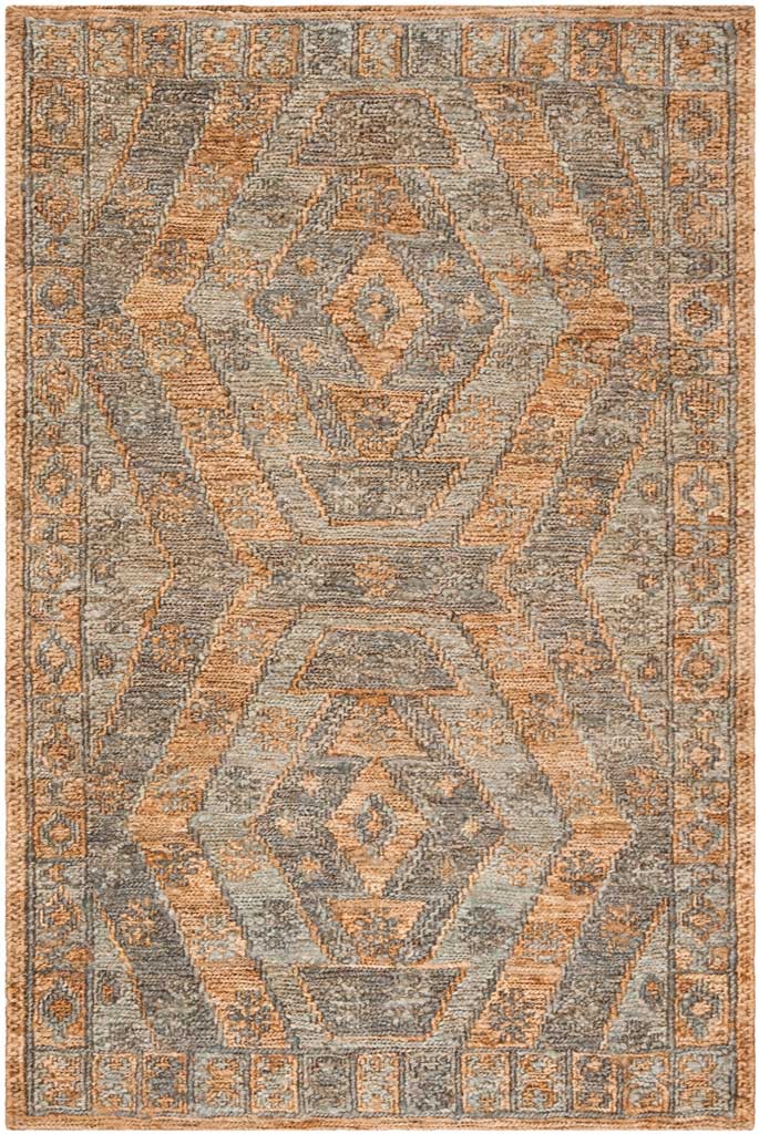 Earth-toned jute rug with soft slate accents, stacked diamond motifs, and an intricate border