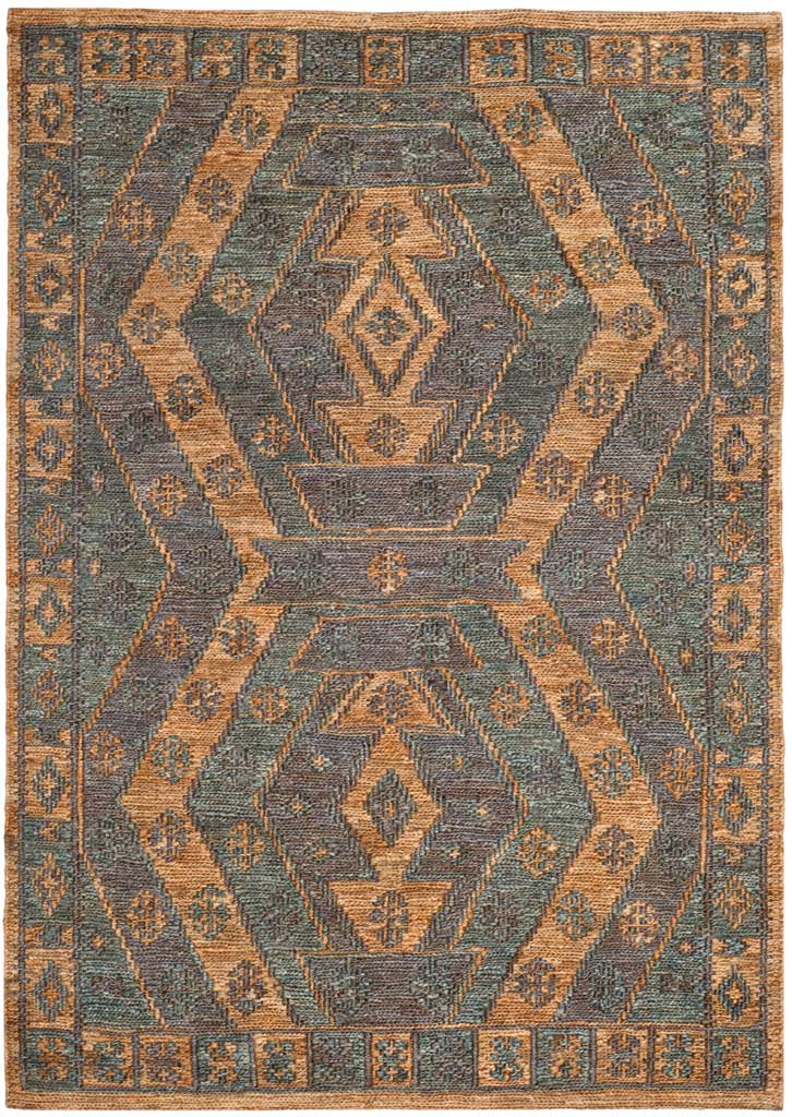 Handwoven jute rug with slate and natural hues, bold geometric diamonds, and a patterned border || ORG701A-8 || top_studio
