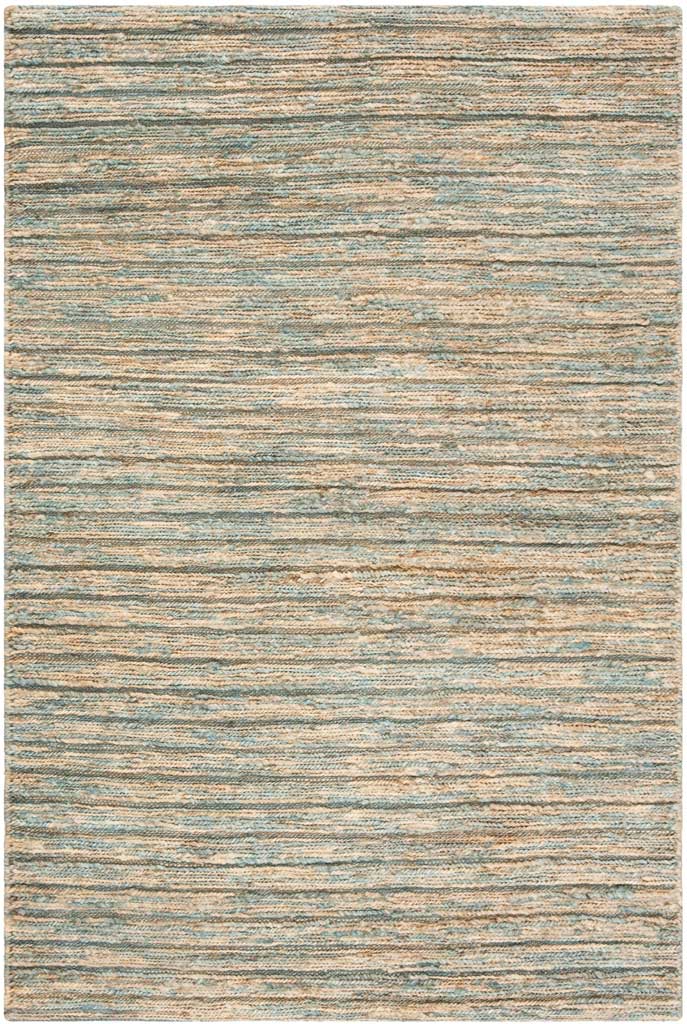 Soft blue threads and natural jute create a warm, subtly striped rectangular rug.