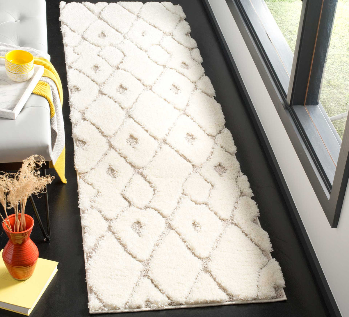 Soft cream runner with beige diamonds that bring cozy texture to a narrow space