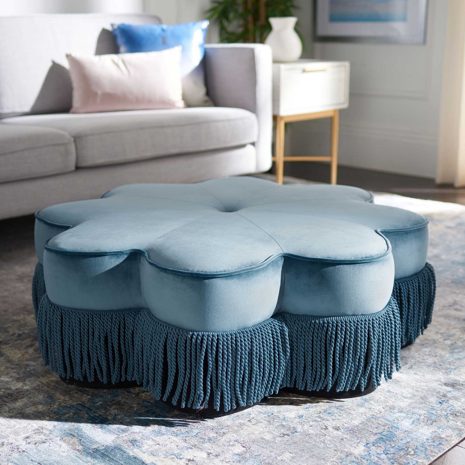Tait Flower Ottoman Dusty Blue