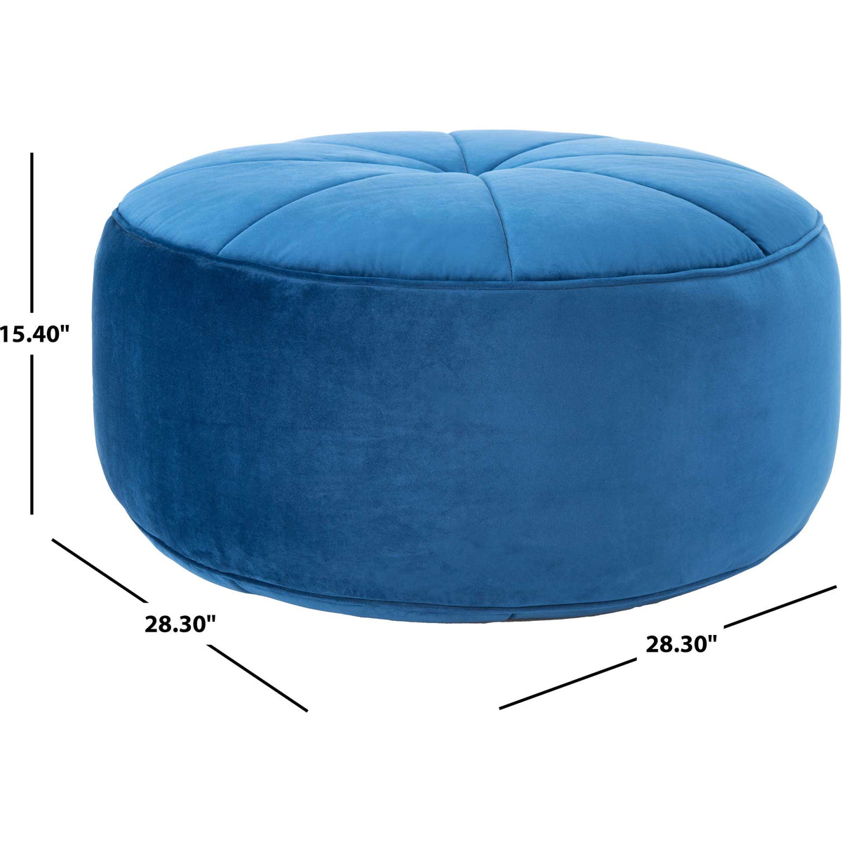 A round navy velvet ottoman measures 28.3 inches across and 15.4 inches high.