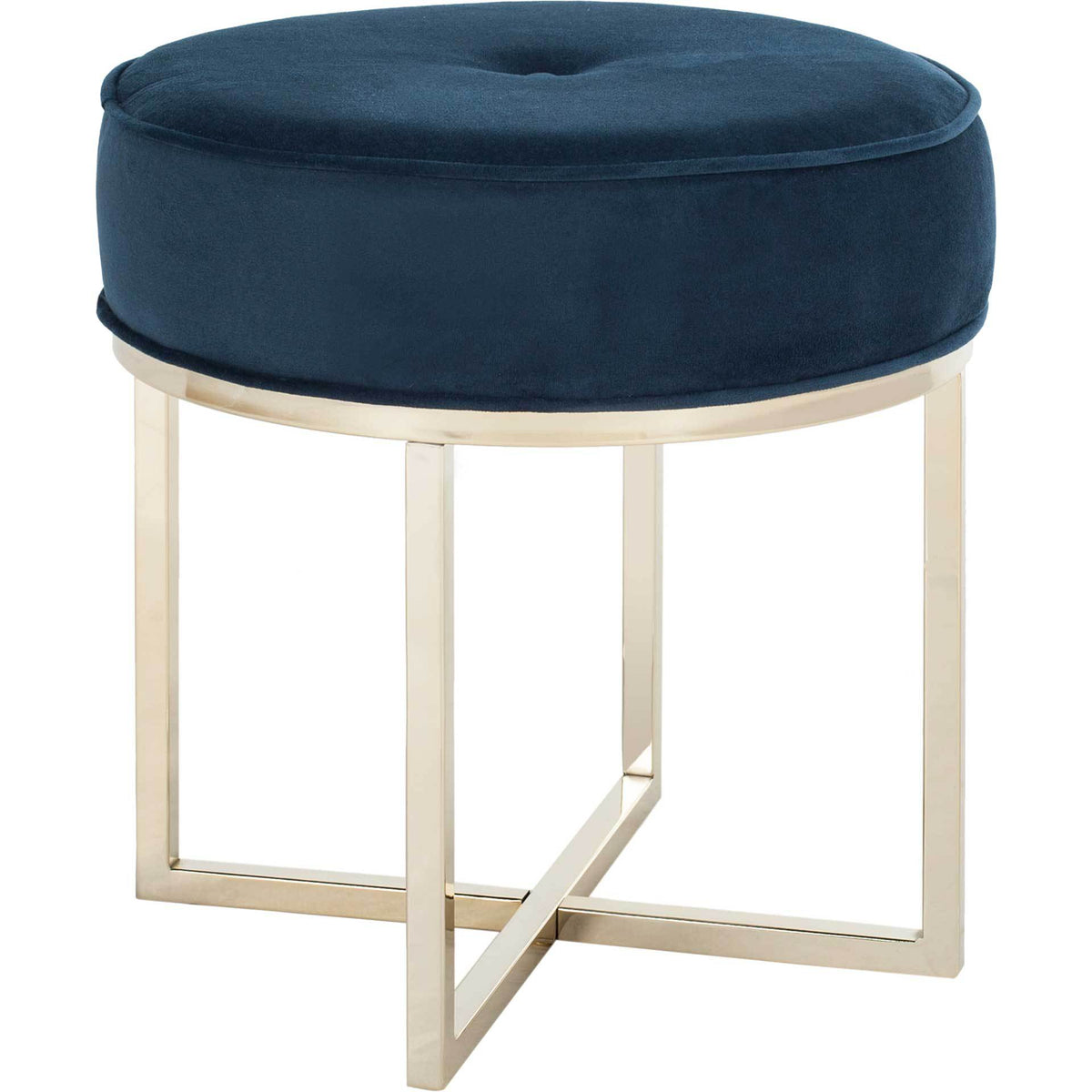 A plush navy velvet cushion with piped edges rises above sleek, brass-finish geometric legs || OTT6201B || side_studio