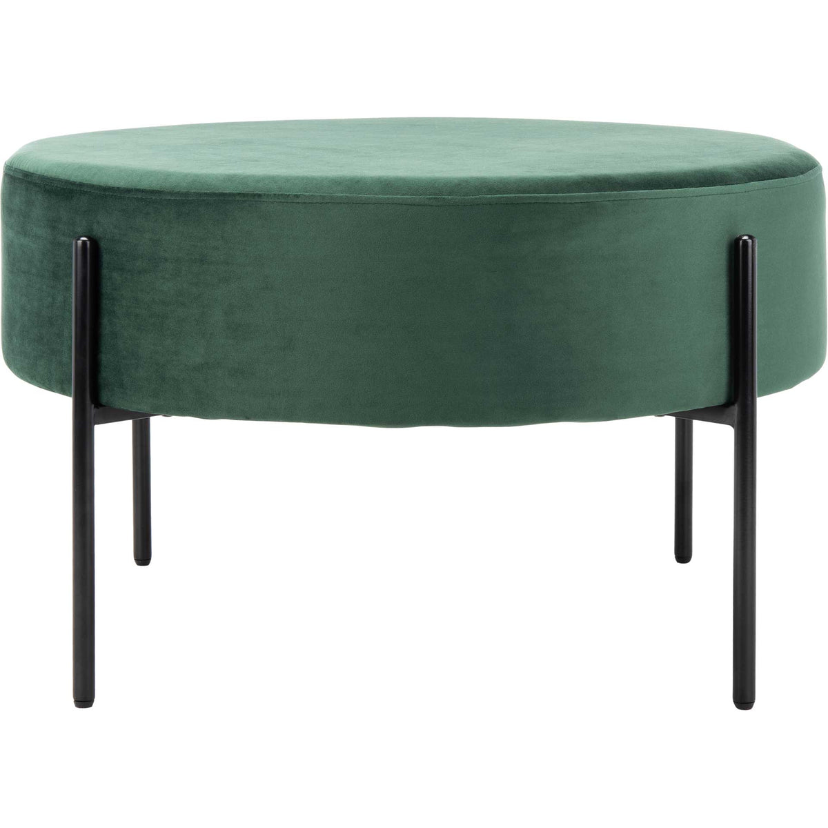 A broad round ottoman in deep green velvet adds bold color and versatile seating || OTT6203A || front_studio