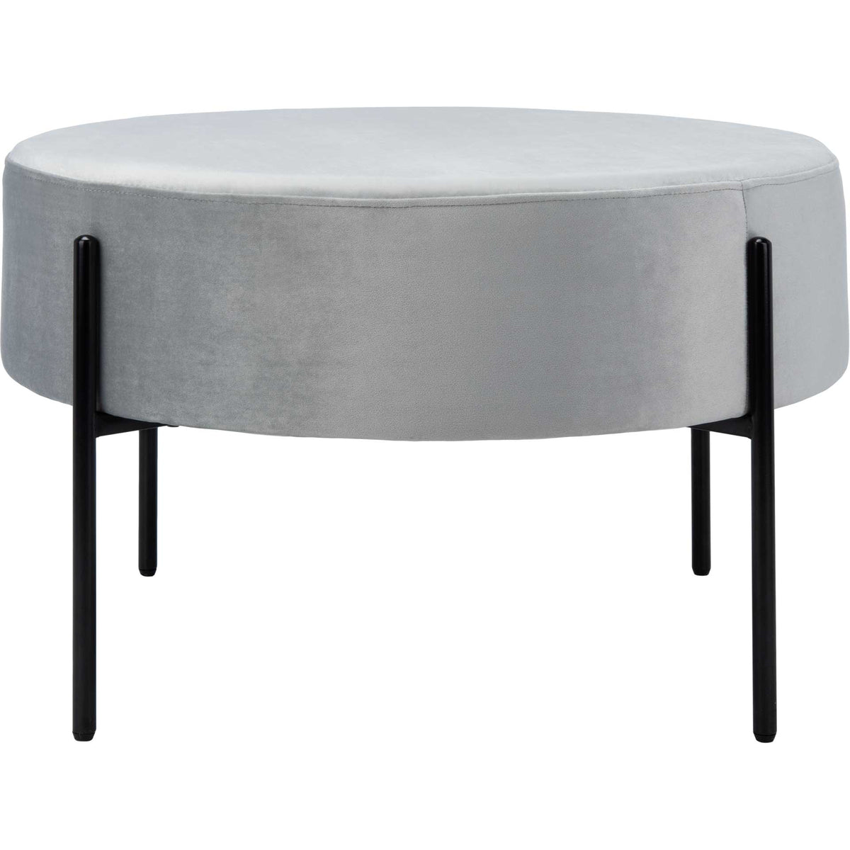 A broad gray velvet ottoman pairs a plush circular seat with sleek black metal legs || OTT6203C || front_studio