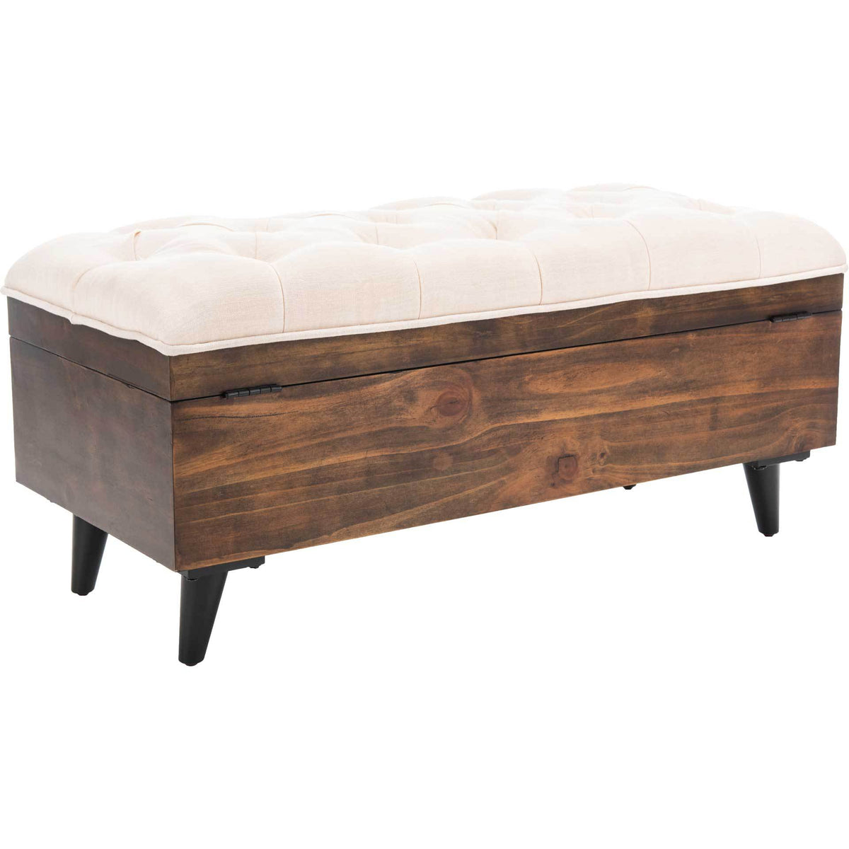 A plush beige seat crowns the wood-grained chest with neatly tapered dark legs.