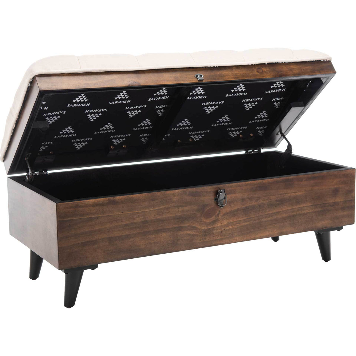 Lift-up beige cushioning conceals a generous compartment in the warm wood base.