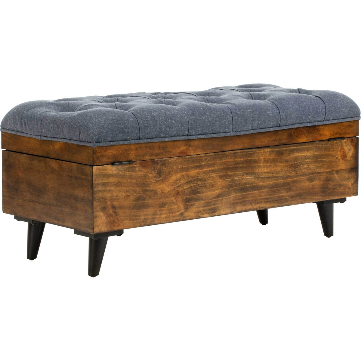 Rich wood grain wraps the chest beneath a cushioned navy linen top.