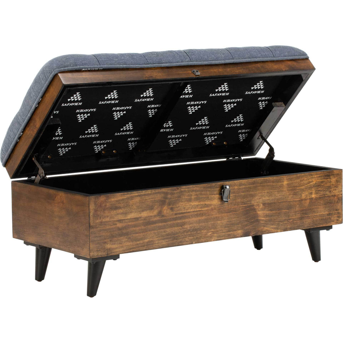 The lift-up navy cushion reveals generous hidden storage within the wood-grained base.
