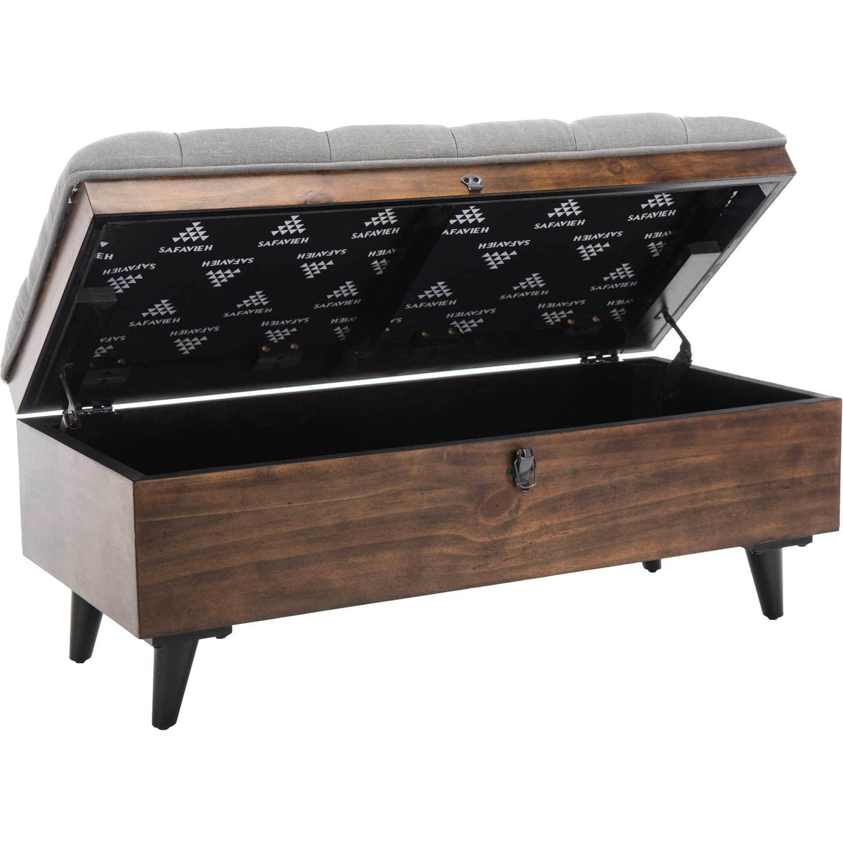 The gray cushioned lid opens to a spacious compartment inside the dark wood base.
