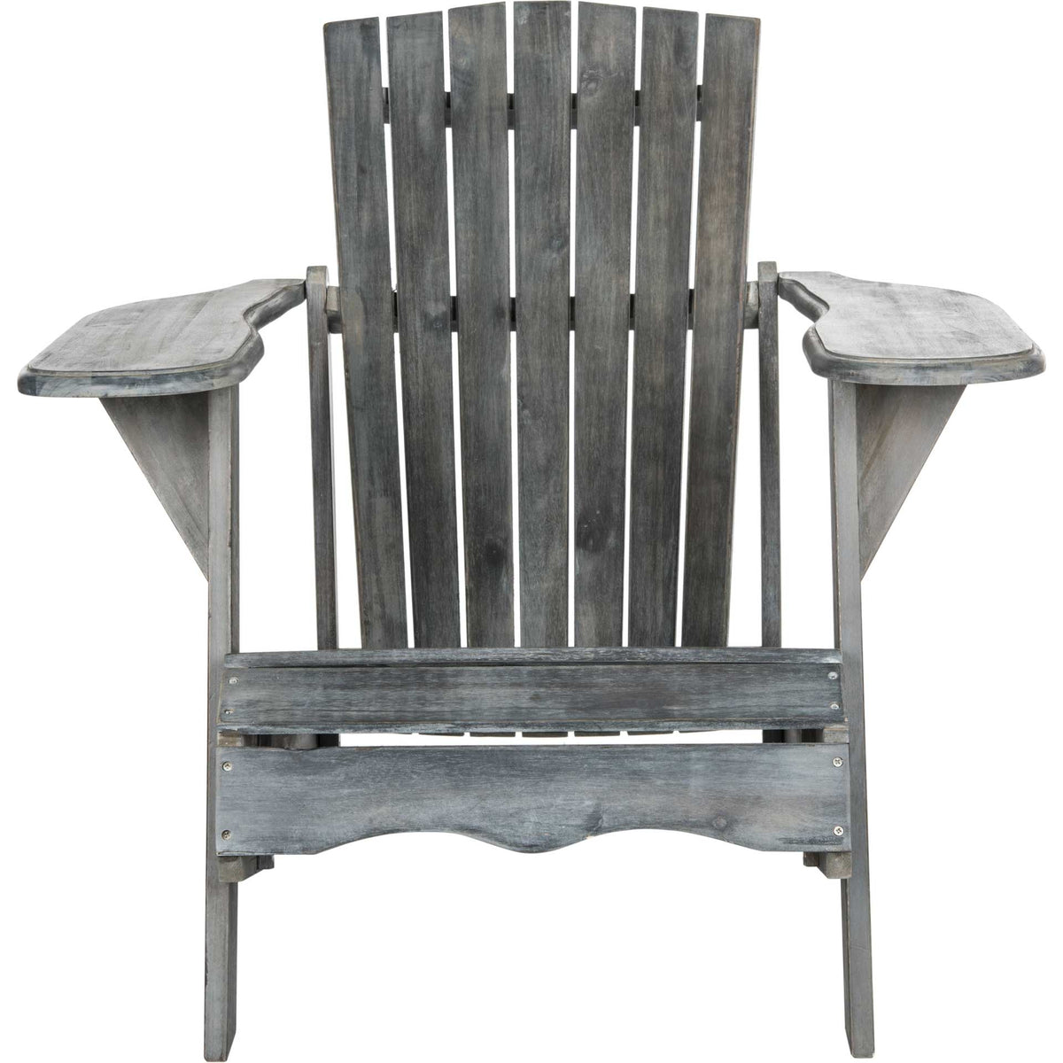 Ash gray Adirondack chair with a tall slatted back, broad arms, and a scalloped seat front || PAT6700A || front_studio
