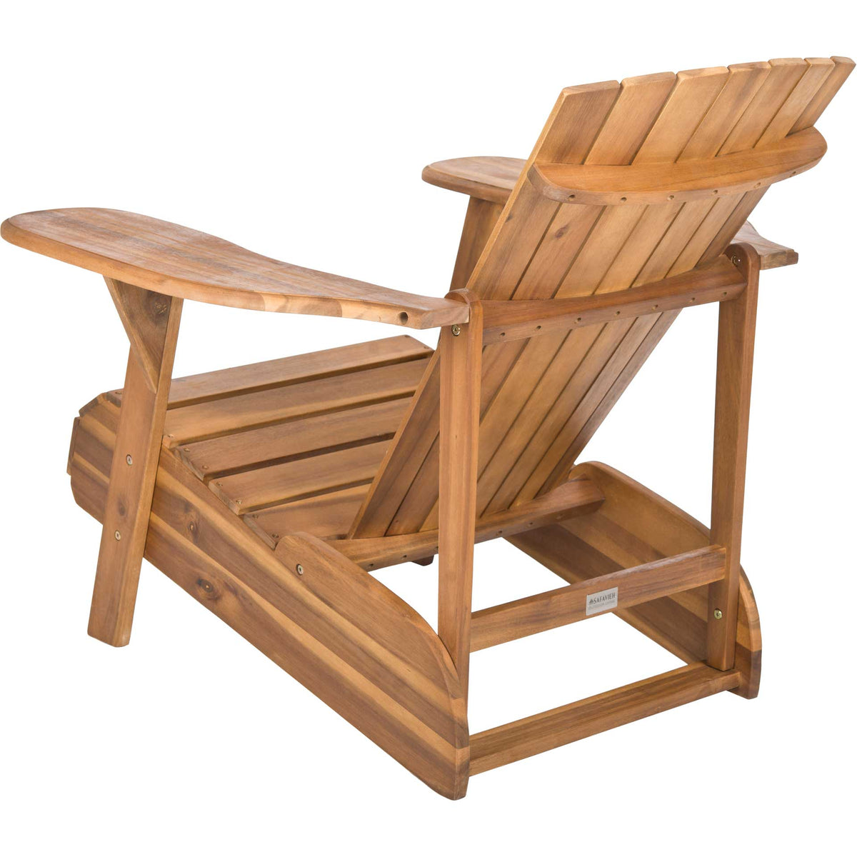 Open back slats and sturdy wood rails give this natural acacia chair rustic appeal