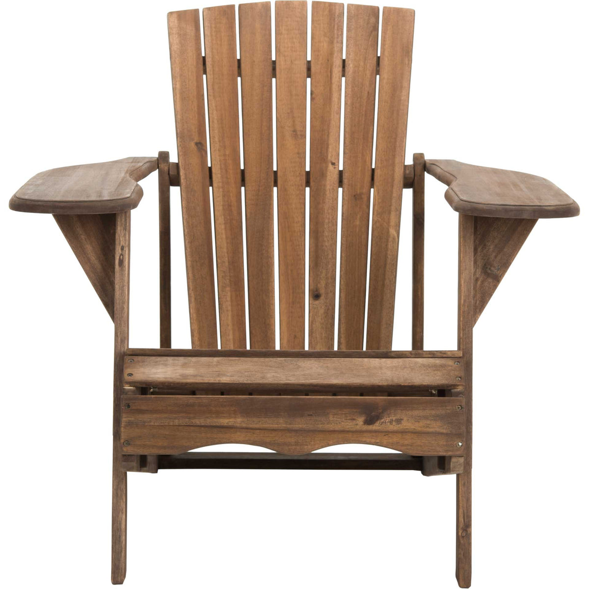 Rustic brown acacia chair pairs a tall slatted back with wide, gently curved armrests || PAT6700G || front_studio